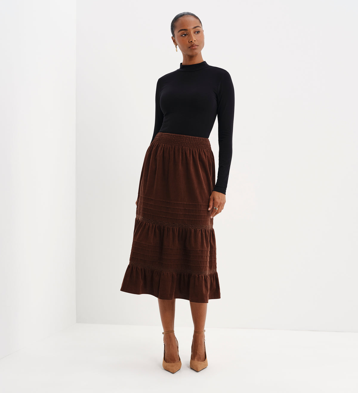 Marcela Brown Corduroy Pintuck Lace Trim Tiered Midi Skirt