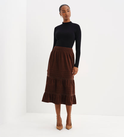 Marcela Brown Corduroy Pintuck Lace Trim Tiered Midi Skirt