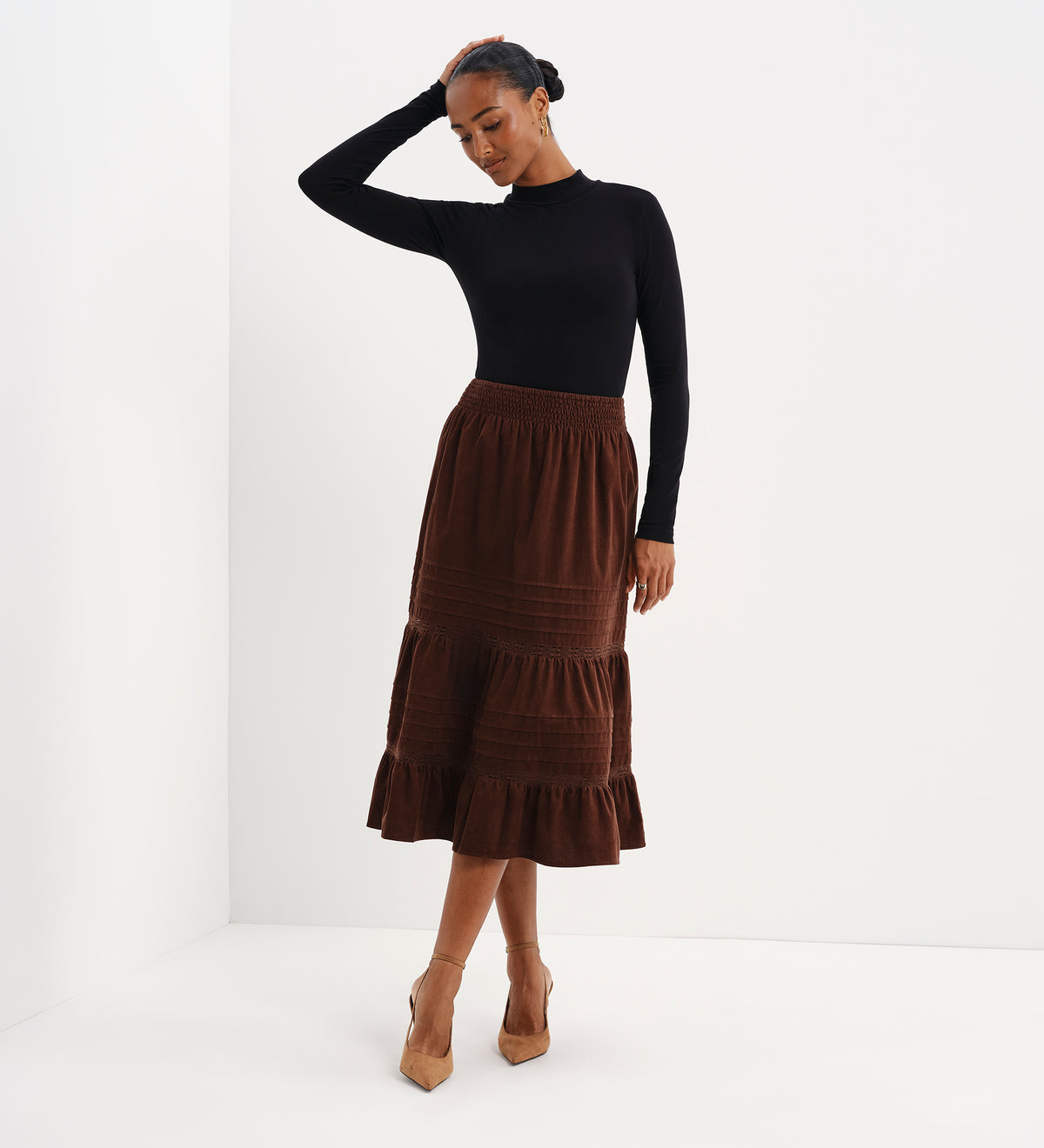 Marcela Brown Corduroy Pintuck Lace Trim Tiered Midi Skirt