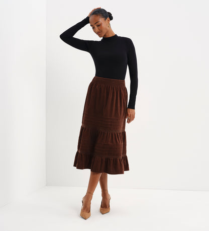Marcela Brown Corduroy Pintuck Lace Trim Tiered Midi Skirt