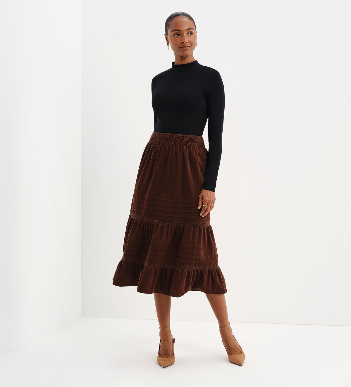 Marcela Brown Corduroy Pintuck Lace Trim Tiered Midi Skirt