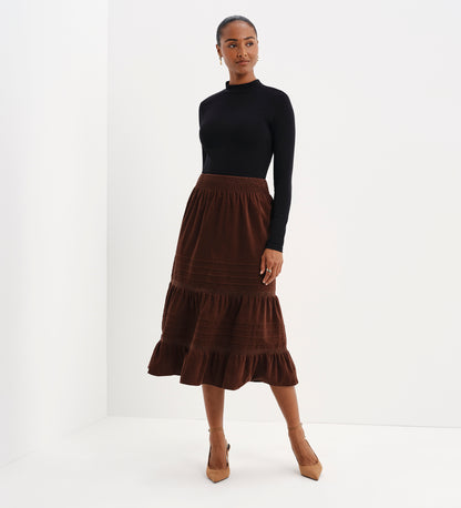 Marcela Brown Corduroy Pintuck Lace Trim Tiered Midi Skirt