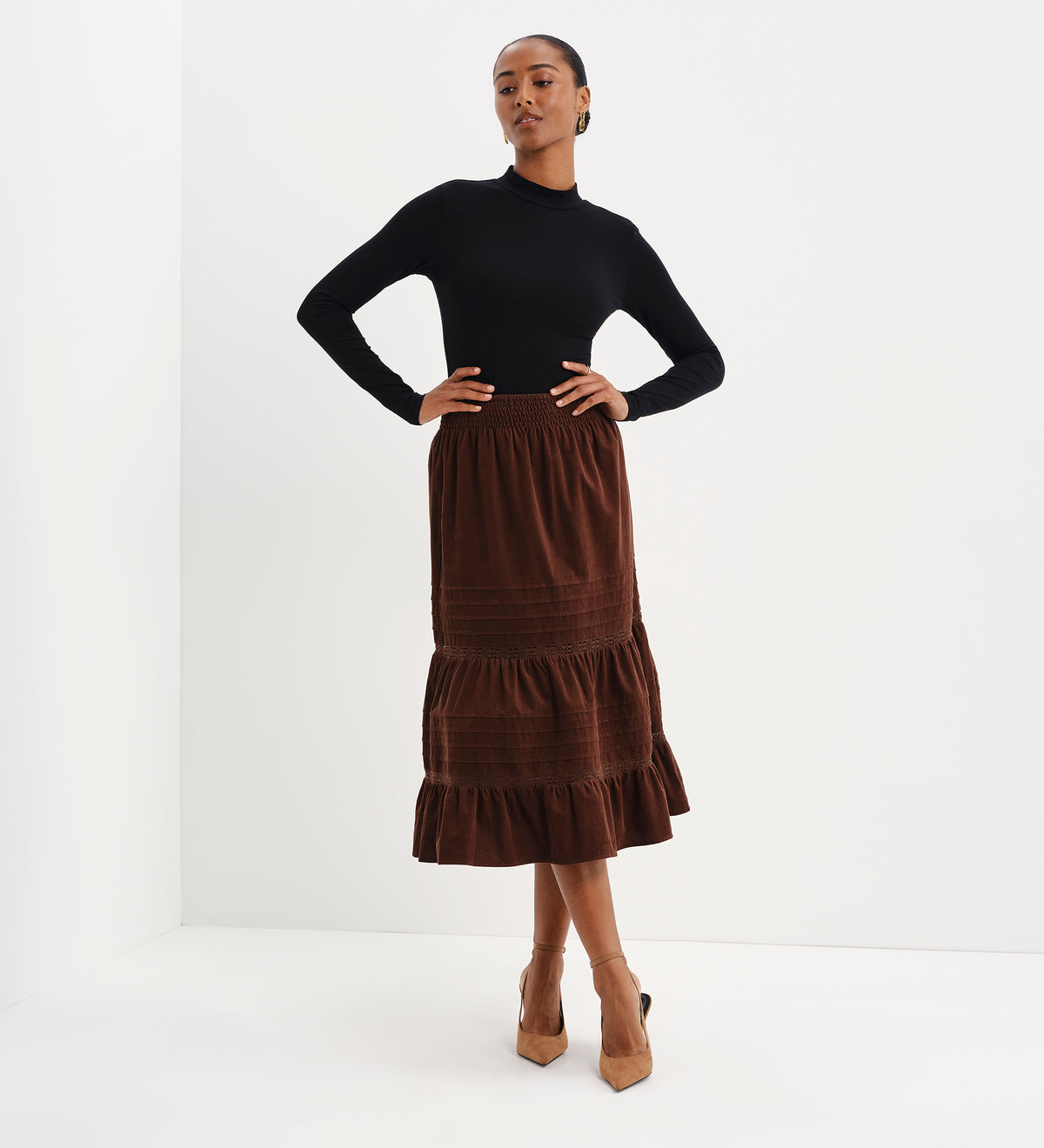 Marcela Brown Corduroy Pintuck Lace Trim Tiered Midi Skirt