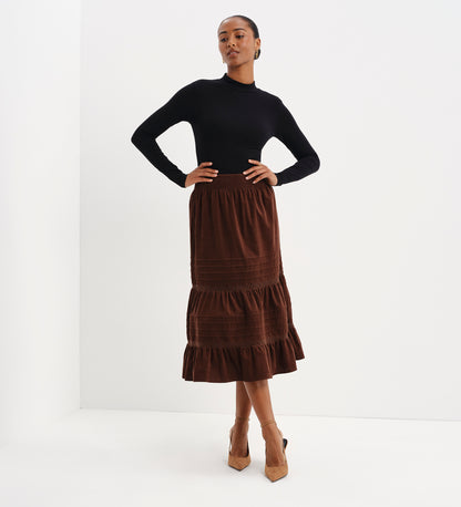 Marcela Brown Corduroy Pintuck Lace Trim Tiered Midi Skirt