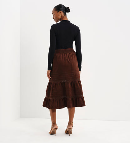 Marcela Brown Corduroy Pintuck Lace Trim Tiered Midi Skirt