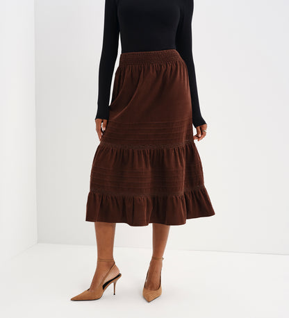 Marcela Brown Corduroy Pintuck Lace Trim Tiered Midi Skirt