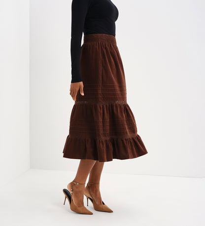 Marcela Brown Corduroy Pintuck Lace Trim Tiered Midi Skirt