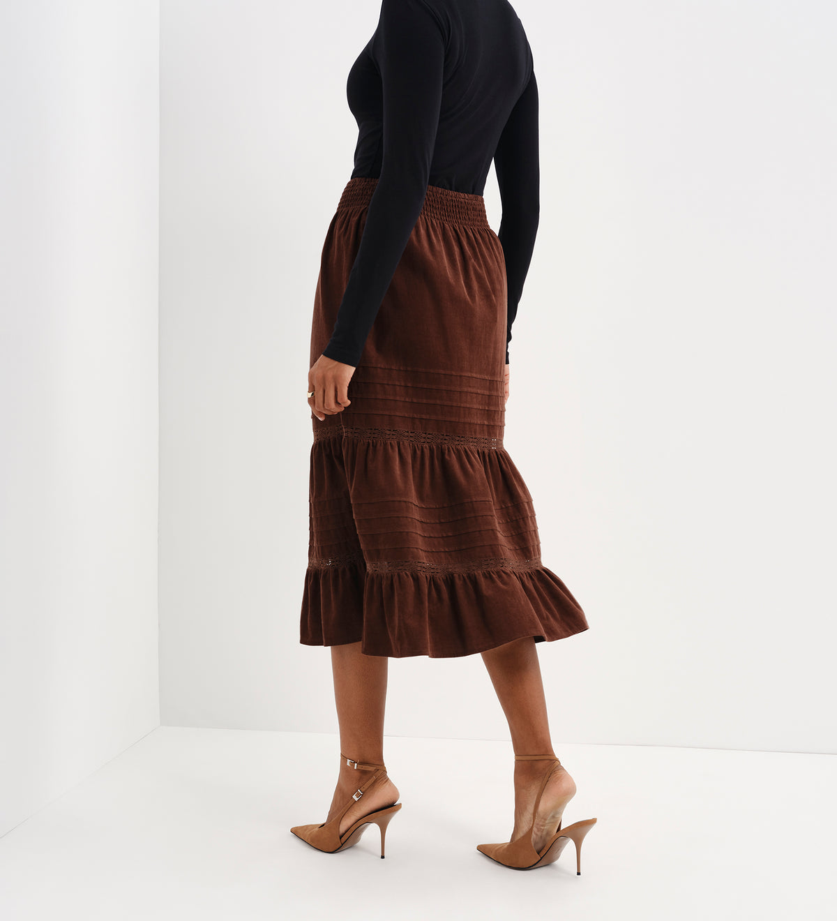 Marcela Brown Corduroy Pintuck Lace Trim Tiered Midi Skirt