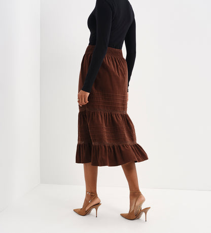Marcela Brown Corduroy Pintuck Lace Trim Tiered Midi Skirt