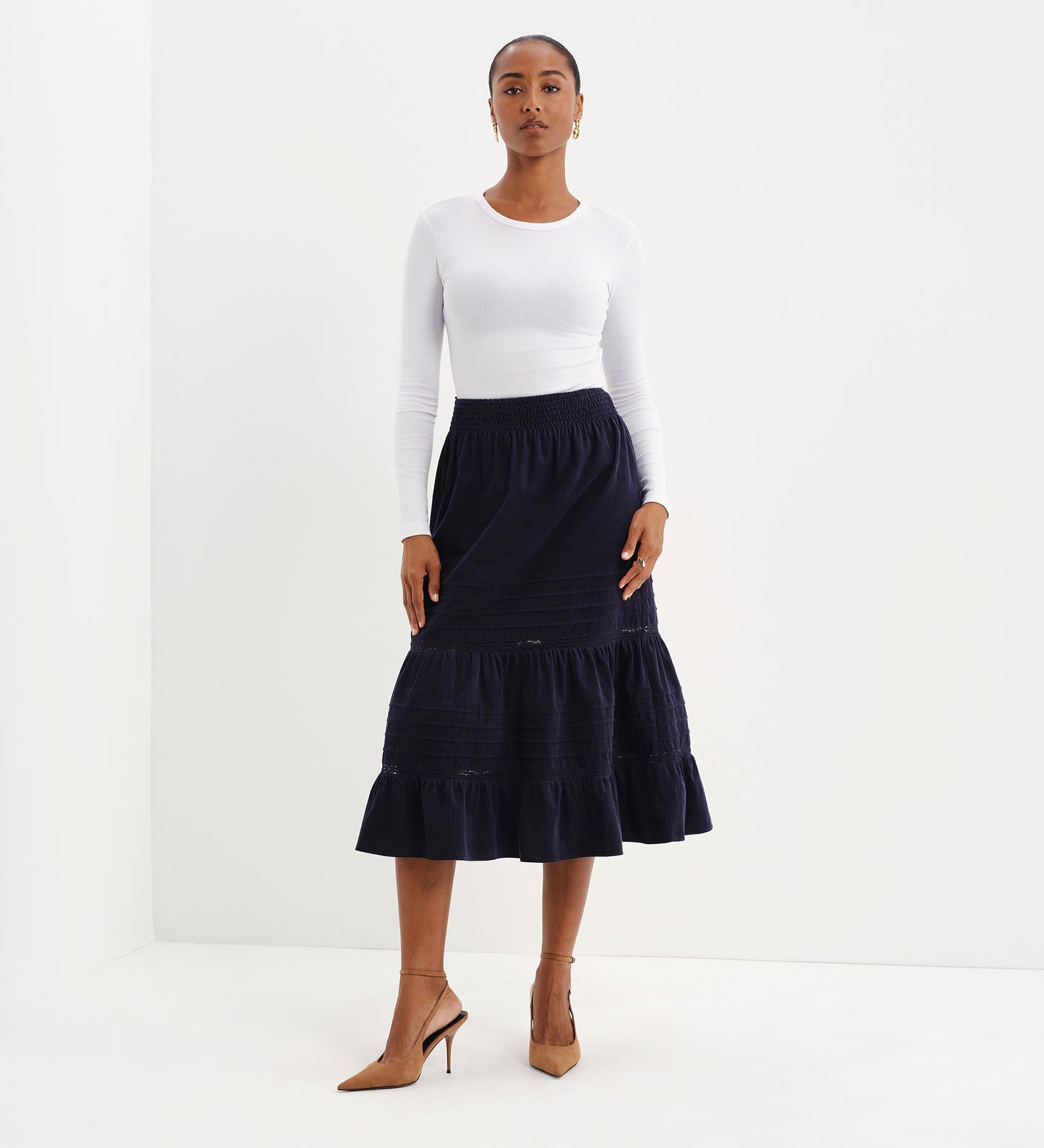 Marcela Navy Corduroy Pintuck Lace Trim Tiered Midi Skirt