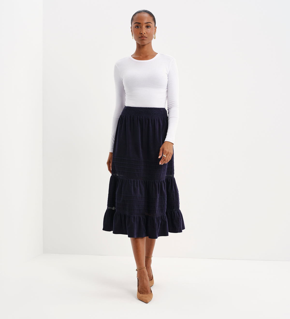 Marcela Navy Corduroy Pintuck Lace Trim Tiered Midi Skirt