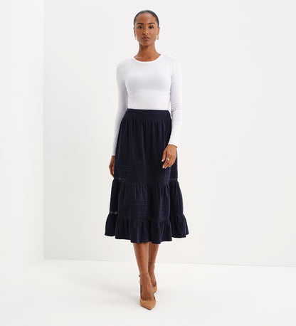 Marcela Navy Corduroy Pintuck Lace Trim Tiered Midi Skirt