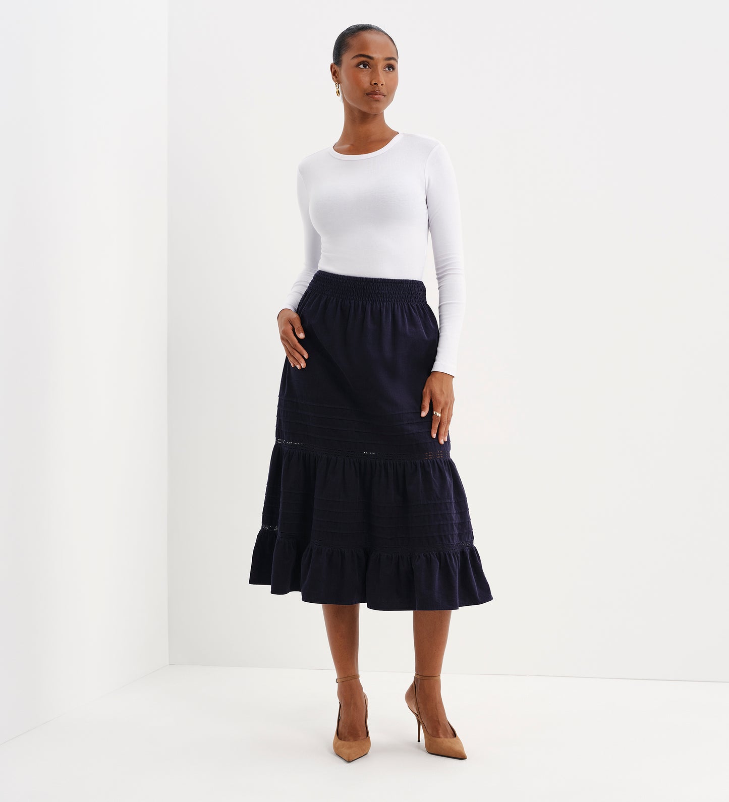 Marcela Navy Corduroy Pintuck Lace Trim Tiered Midi Skirt