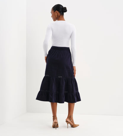 Marcela Navy Corduroy Pintuck Lace Trim Tiered Midi Skirt