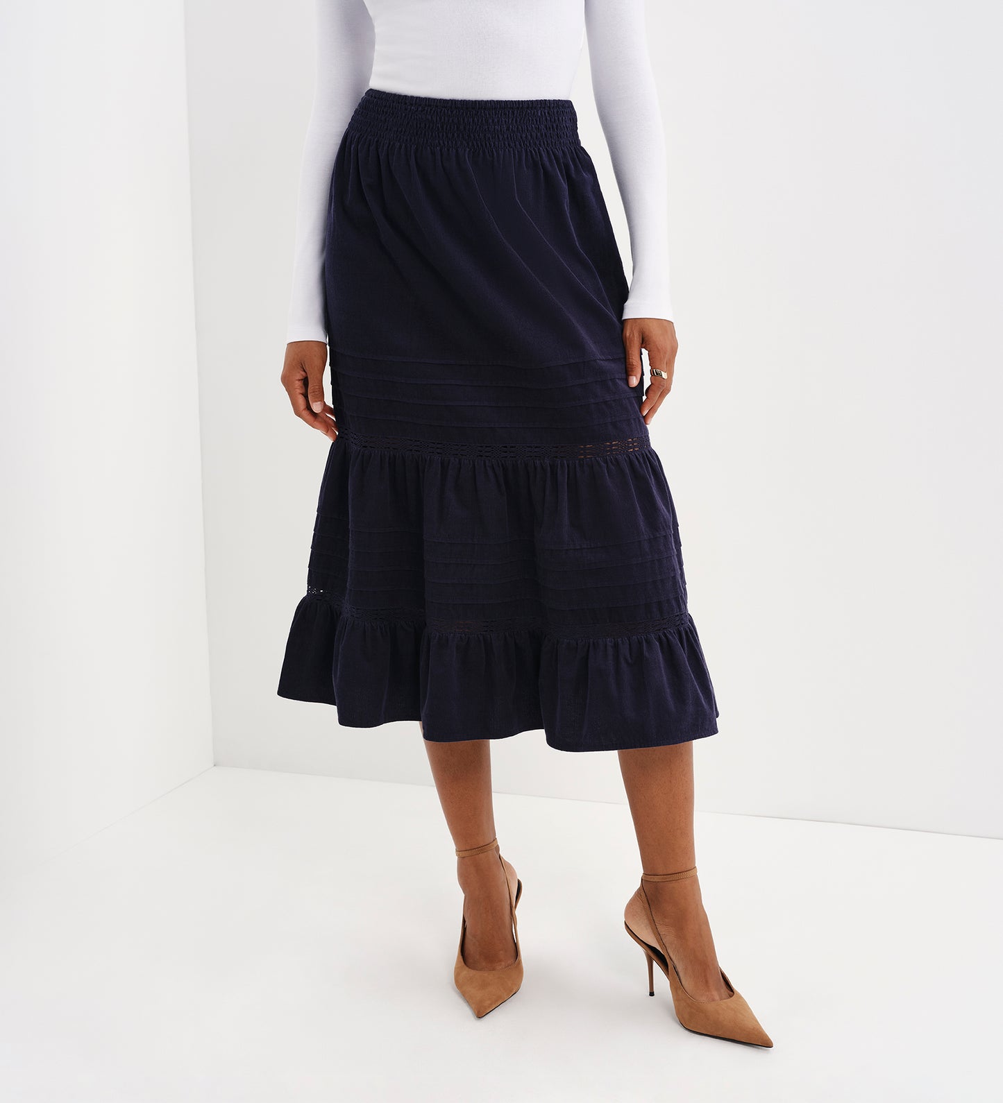 Marcela Navy Corduroy Pintuck Lace Trim Tiered Midi Skirt