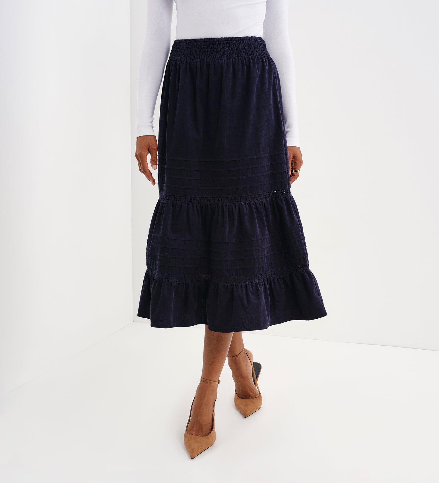 Marcela Navy Corduroy Pintuck Lace Trim Tiered Midi Skirt