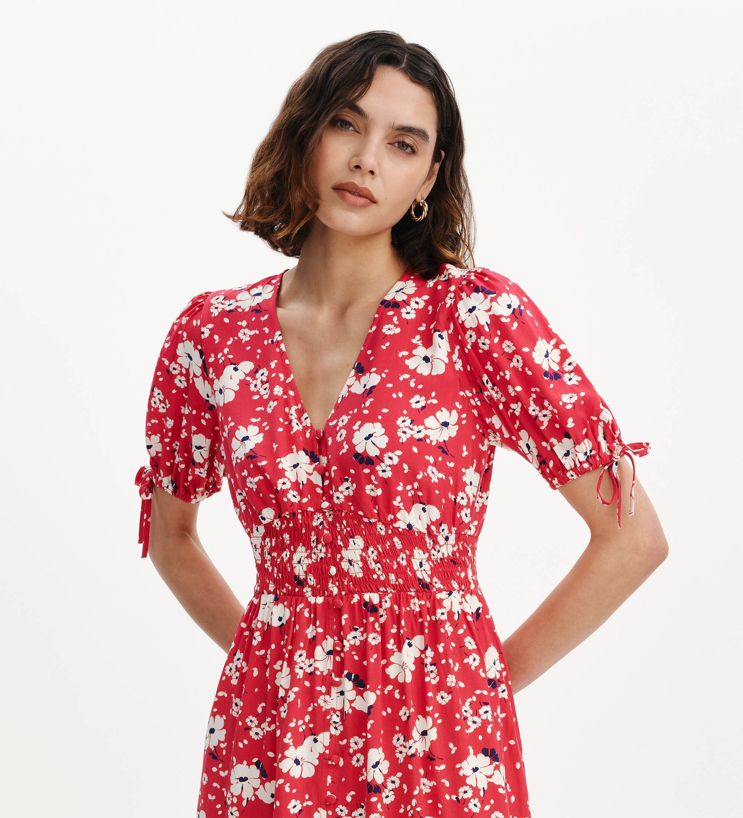 Margot Red Floral Puff Sleeve Button Through Midi Dress