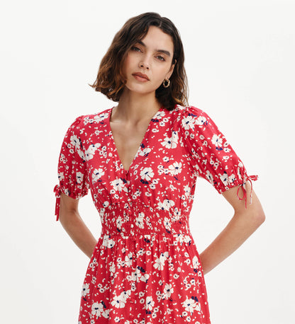 Margot Red Floral Puff Sleeve Button Through Midi Dress