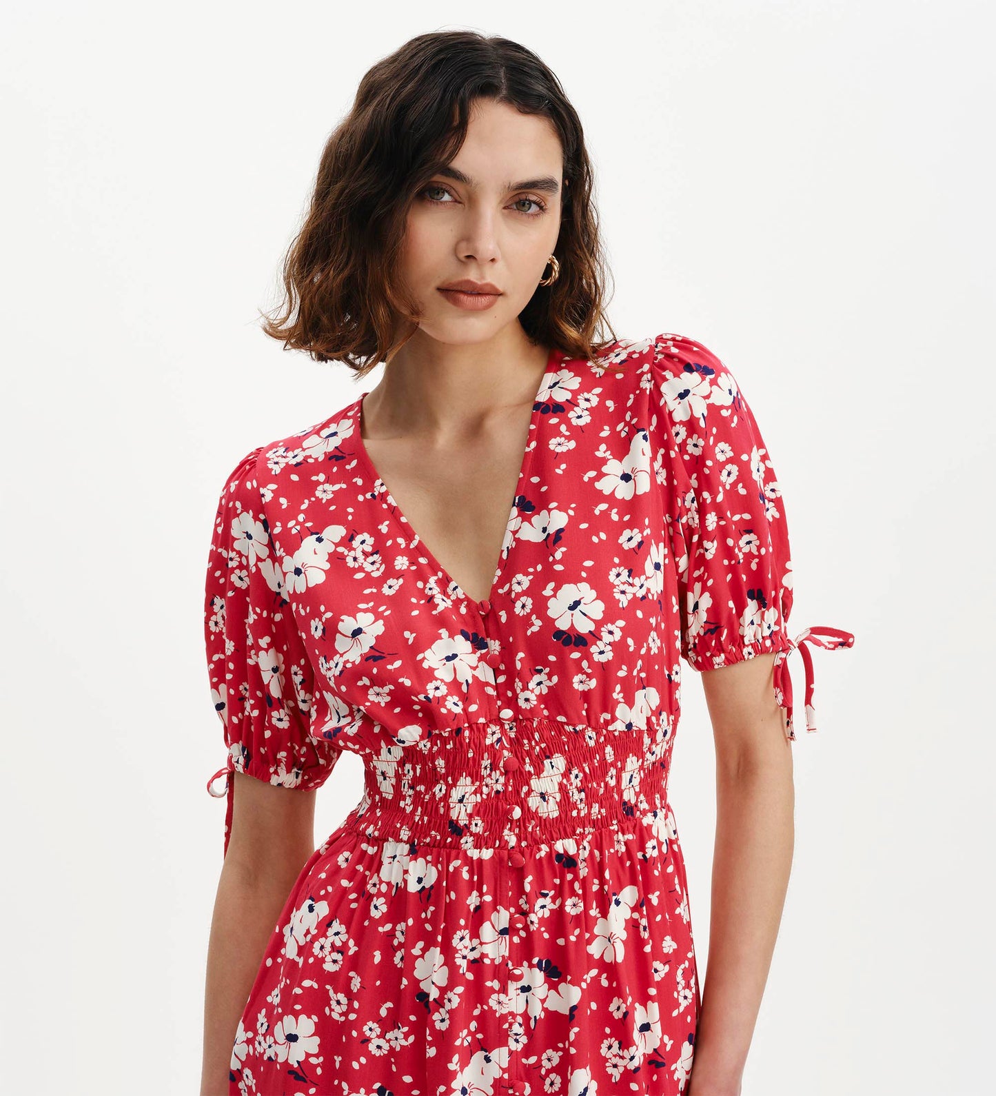 Margot Red Floral Puff Sleeve Button Through Midi Dress