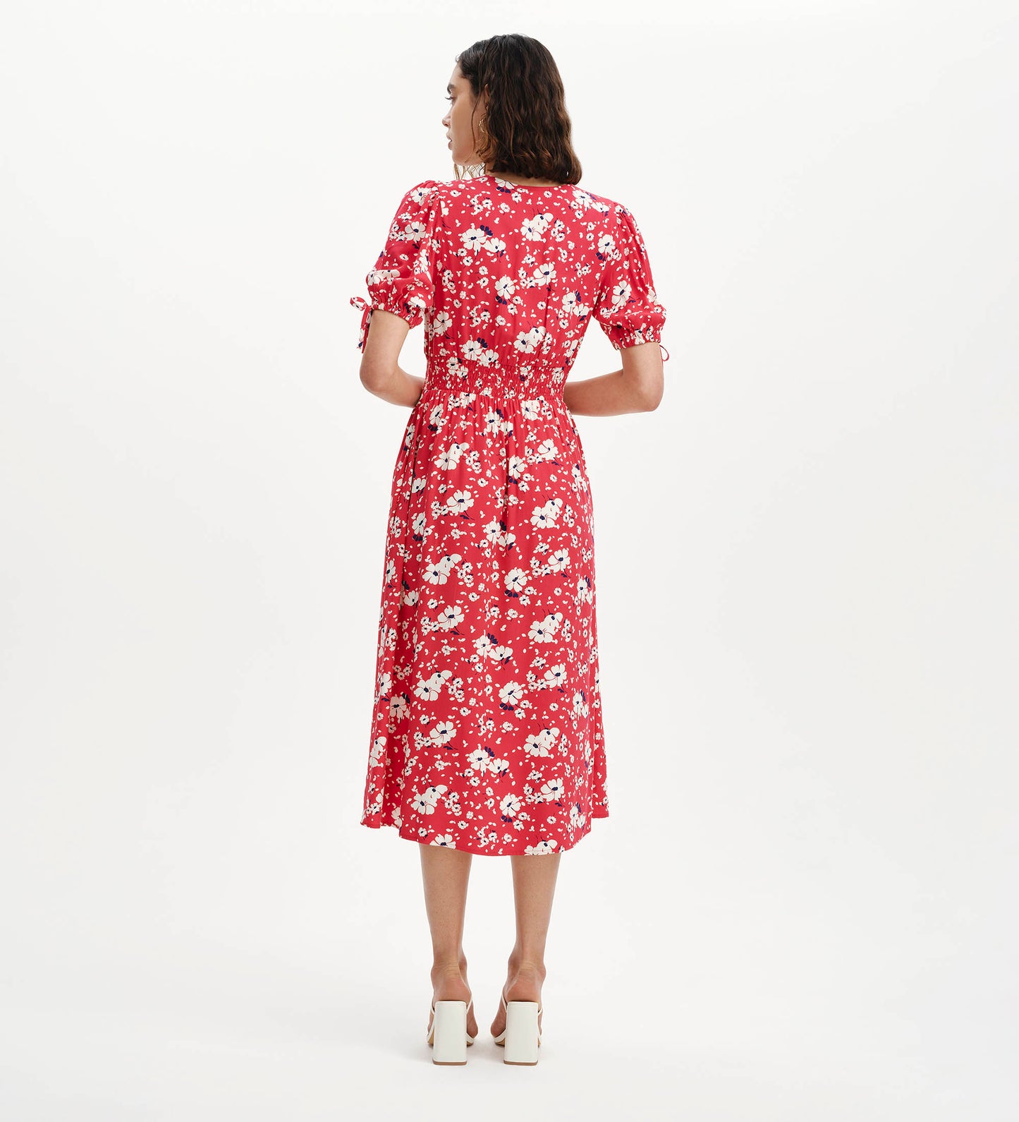 Margot Red Floral Puff Sleeve Button Through Midi Dress