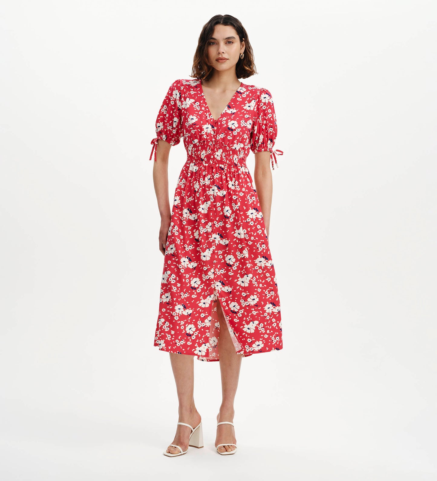 Margot Red Floral Puff Sleeve Button Through Midi Dress
