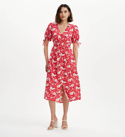 Margot Red Floral Puff Sleeve Button Through Midi Dress
