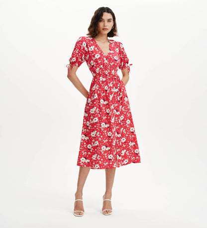 Margot Red Floral Puff Sleeve Button Through Midi Dress