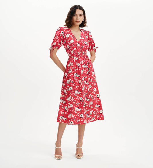 Margot Red Floral Puff Sleeve Button Through Midi Dress