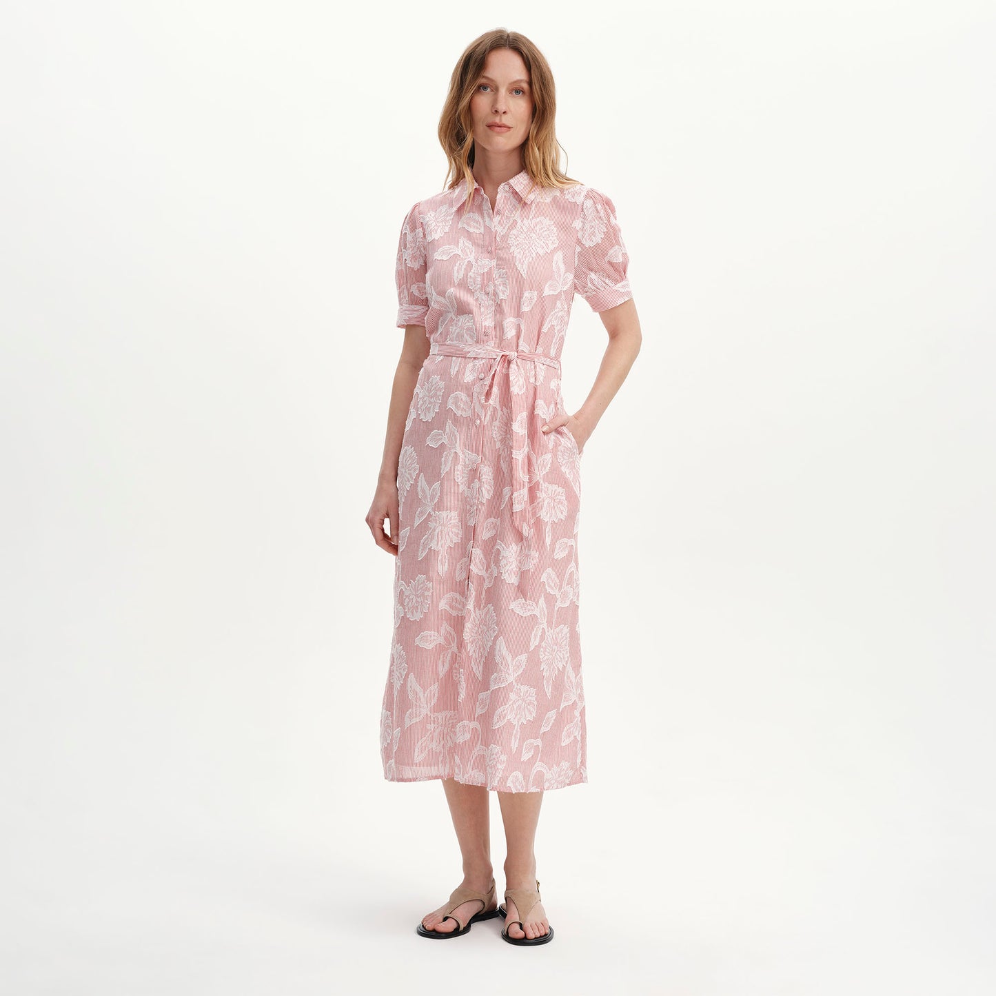 Mariah Red Floral Jacquard Strip Cotton Midi Shirt Dress