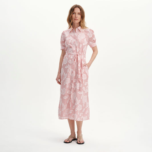Mariah Red Floral Jacquard Strip Cotton Midi Shirt Dress