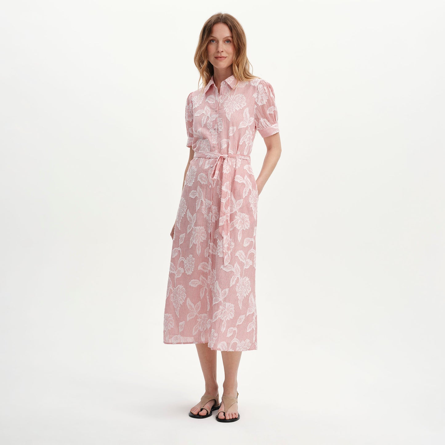 Mariah Red Floral Jacquard Strip Cotton Midi Shirt Dress