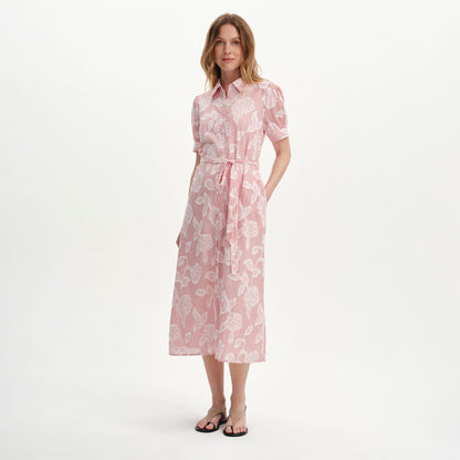Mariah Red Floral Jacquard Strip Cotton Midi Shirt Dress