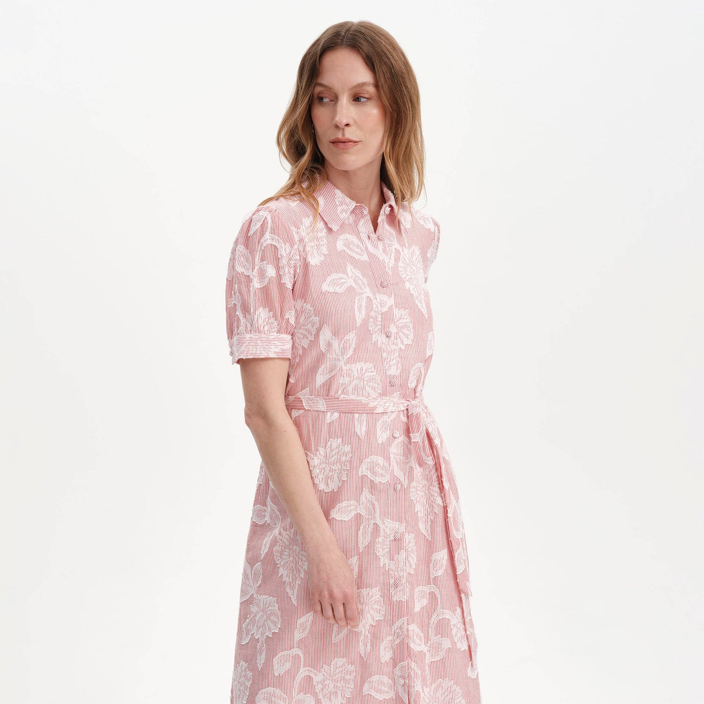 Mariah Red Floral Jacquard Strip Cotton Midi Shirt Dress
