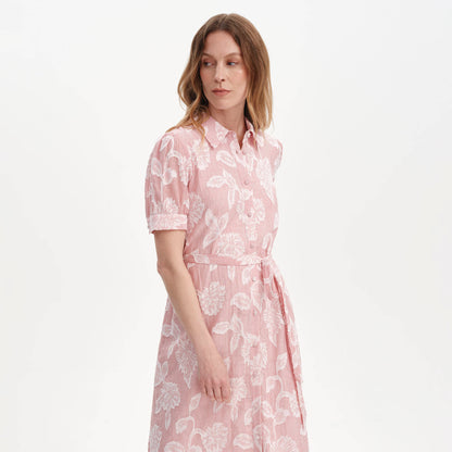 Mariah Red Floral Jacquard Strip Cotton Midi Shirt Dress