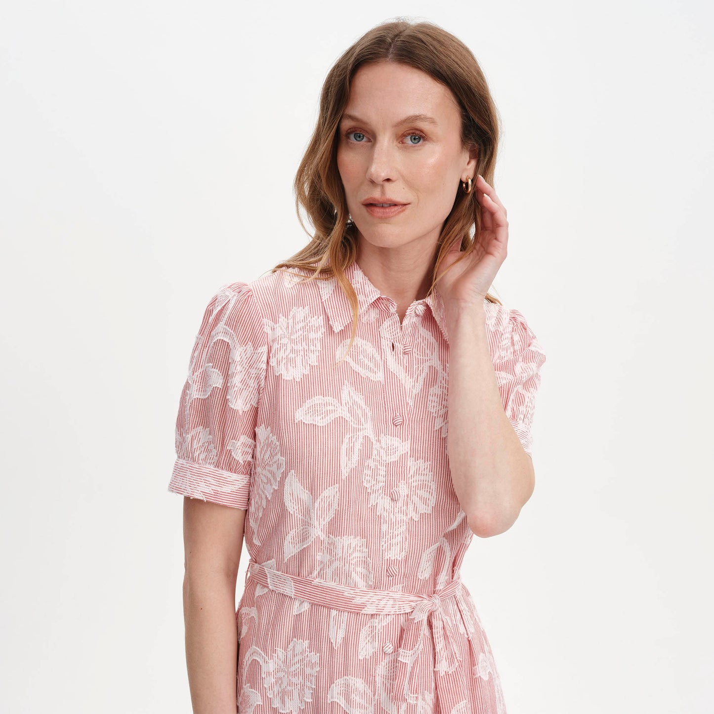 Mariah Red Floral Jacquard Strip Cotton Midi Shirt Dress