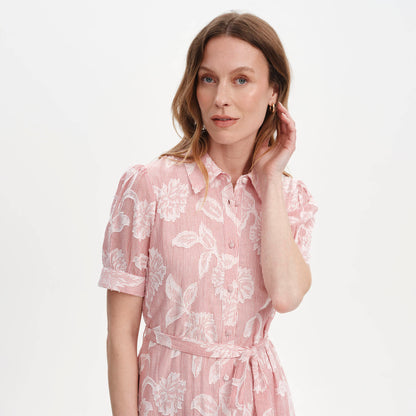 Mariah Red Floral Jacquard Strip Cotton Midi Shirt Dress