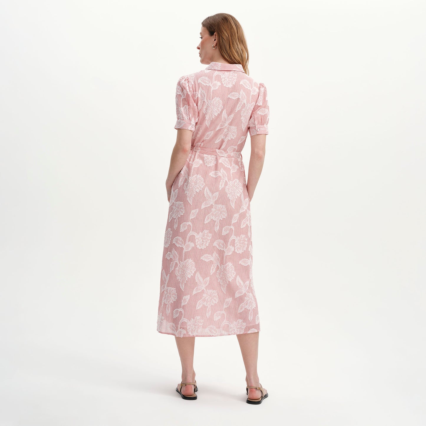 Mariah Red Floral Jacquard Strip Cotton Midi Shirt Dress