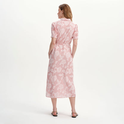 Mariah Red Floral Jacquard Strip Cotton Midi Shirt Dress