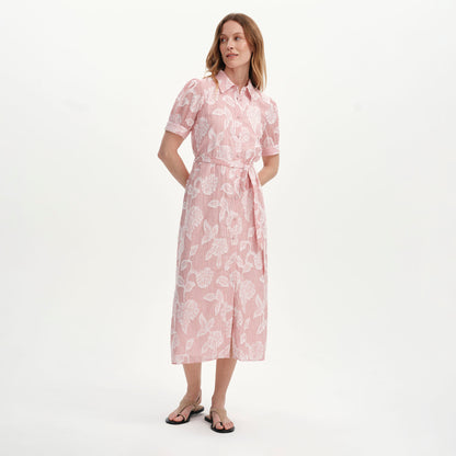 Mariah Red Floral Jacquard Strip Cotton Midi Shirt Dress