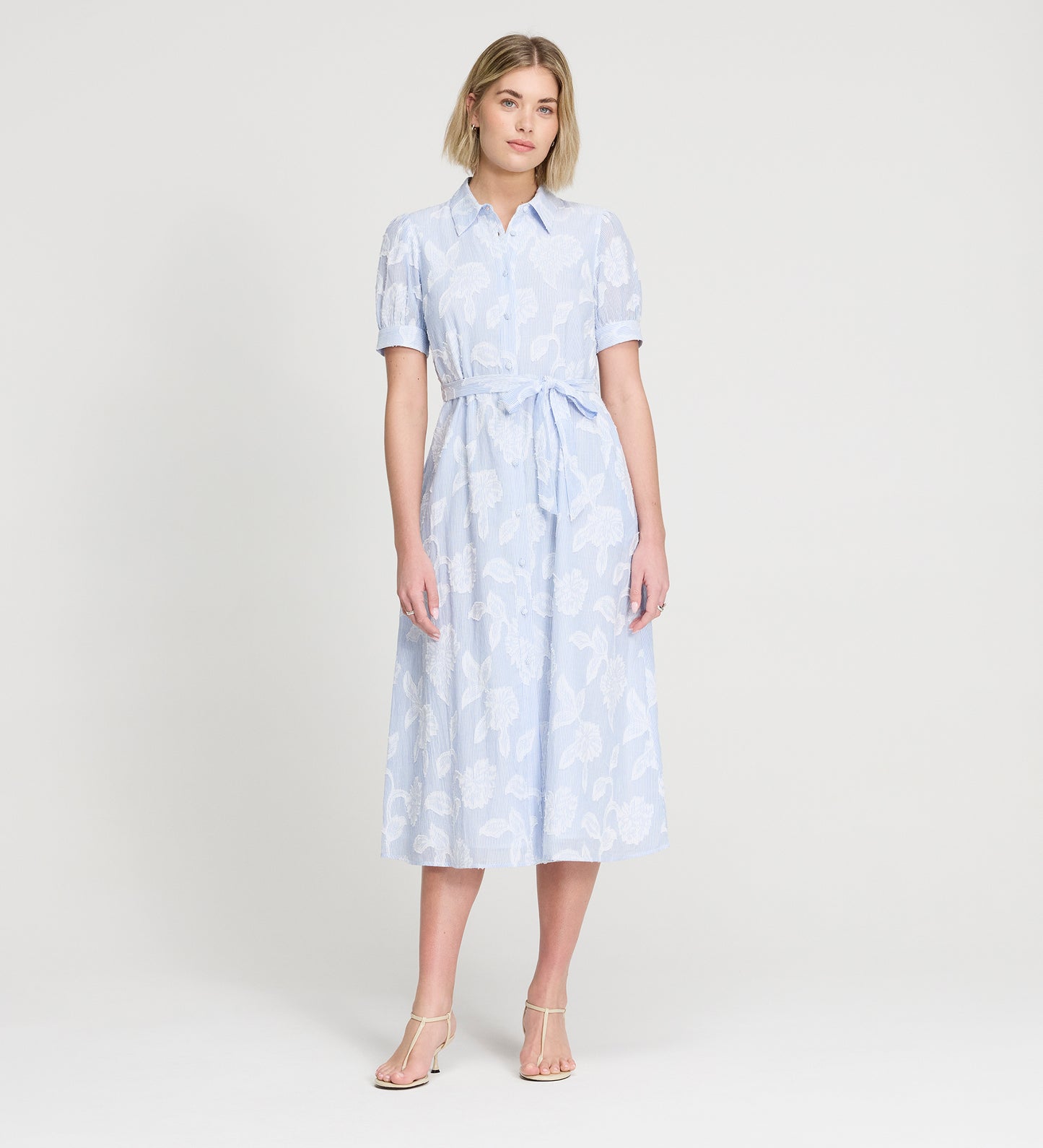 Mariah Blue Floral Jacquard Stripe Cotton Midi Shirt Dress