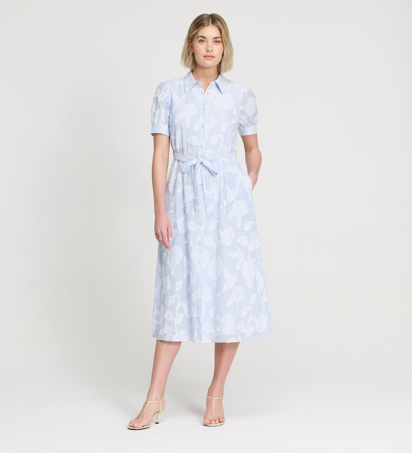 Mariah Blue Floral Jacquard Stripe Cotton Midi Shirt Dress