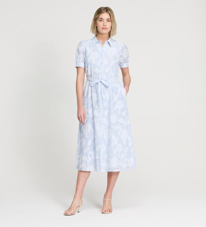 Mariah Blue Floral Jacquard Stripe Cotton Midi Shirt Dress