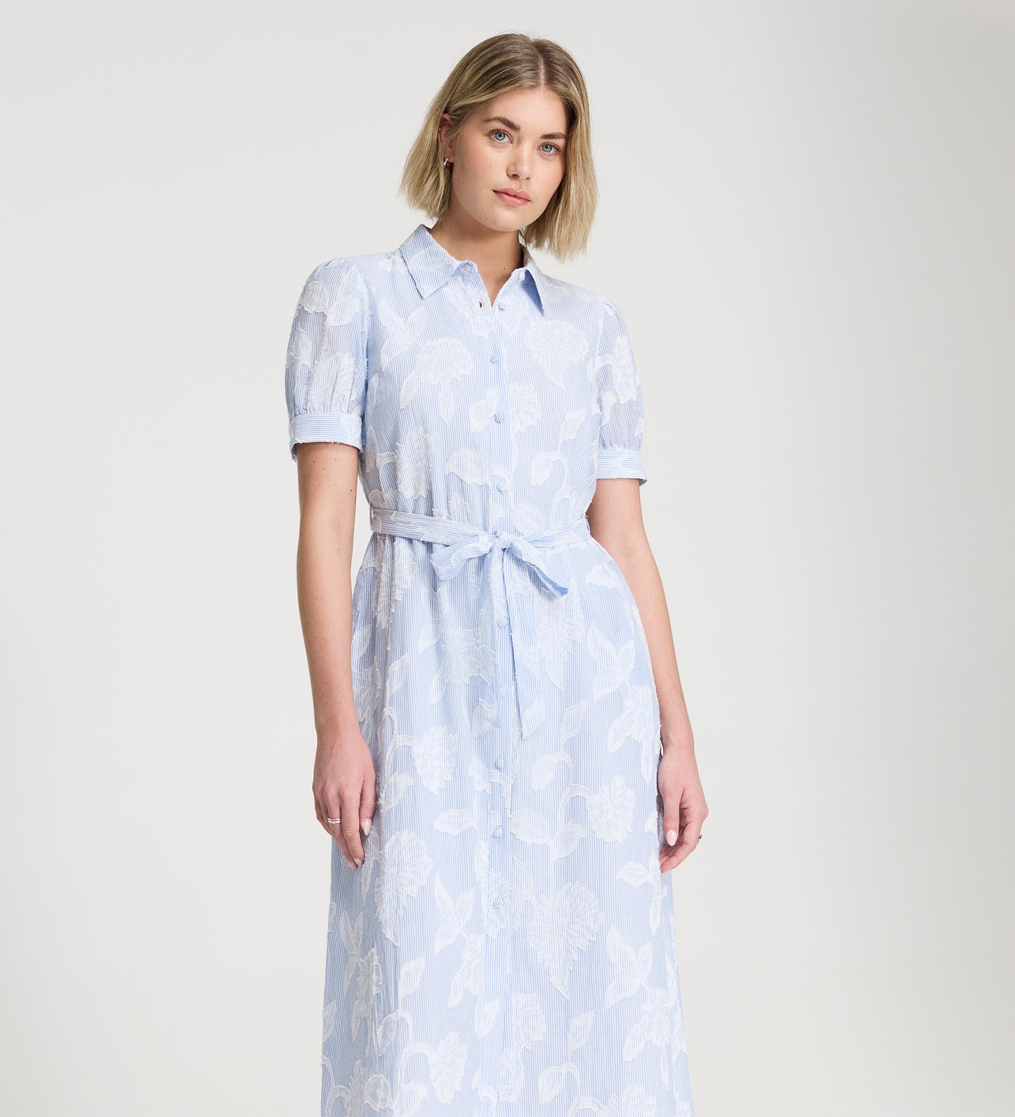 Mariah Blue Floral Jacquard Stripe Cotton Midi Shirt Dress