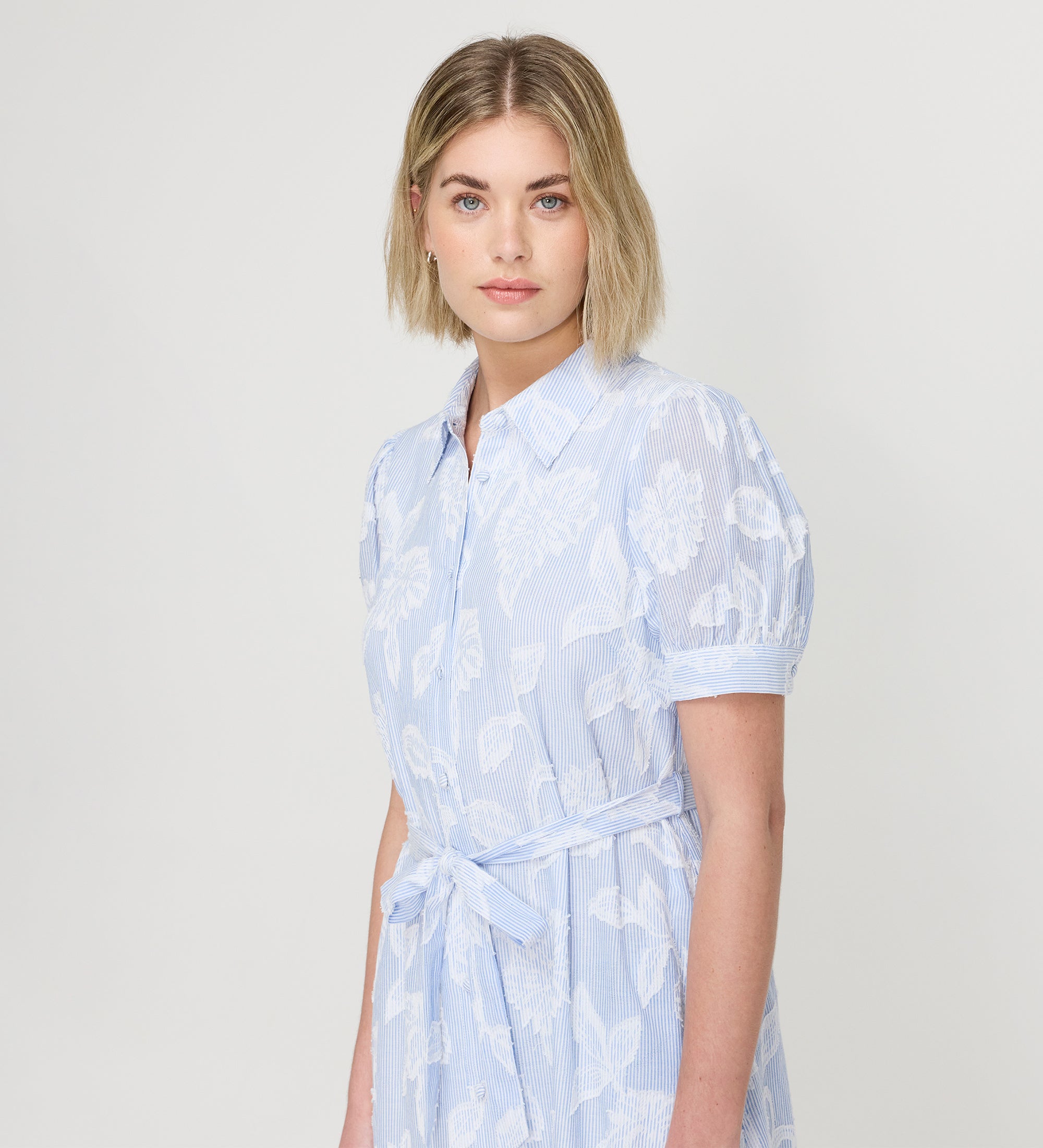 【美品※掲載4月末まで】 Floral Jacquard Shirt Dress Mariah Blue Floral Strip Cotton Midi Shirt Dress | Finery London