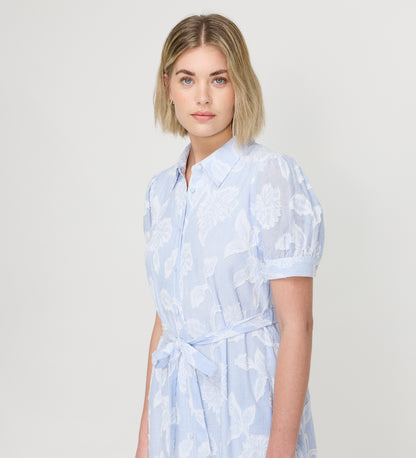 Mariah Blue Floral Jacquard Stripe Cotton Midi Shirt Dress