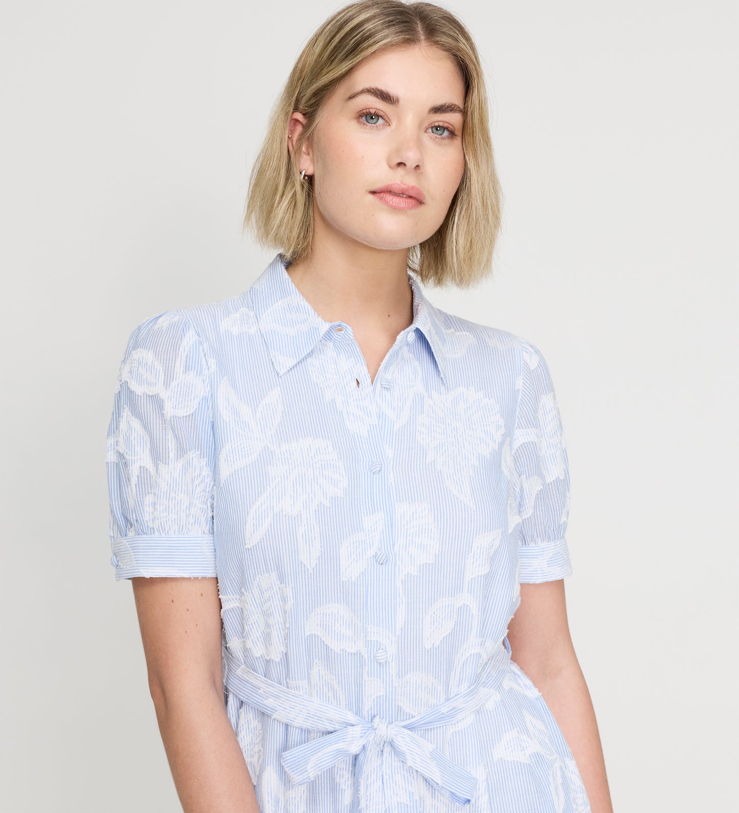 Mariah Blue Floral Jacquard Stripe Cotton Midi Shirt Dress