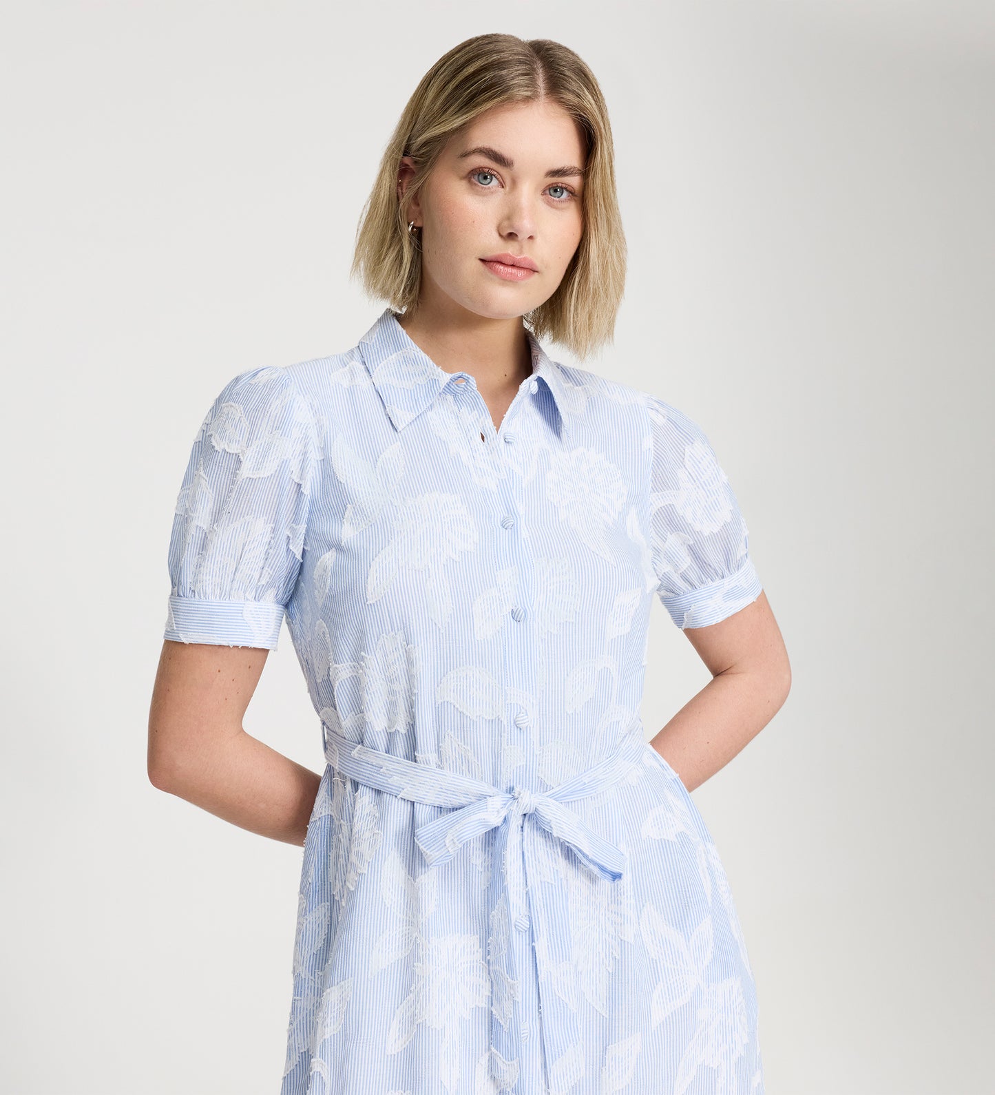 Mariah Blue Floral Jacquard Stripe Cotton Midi Shirt Dress