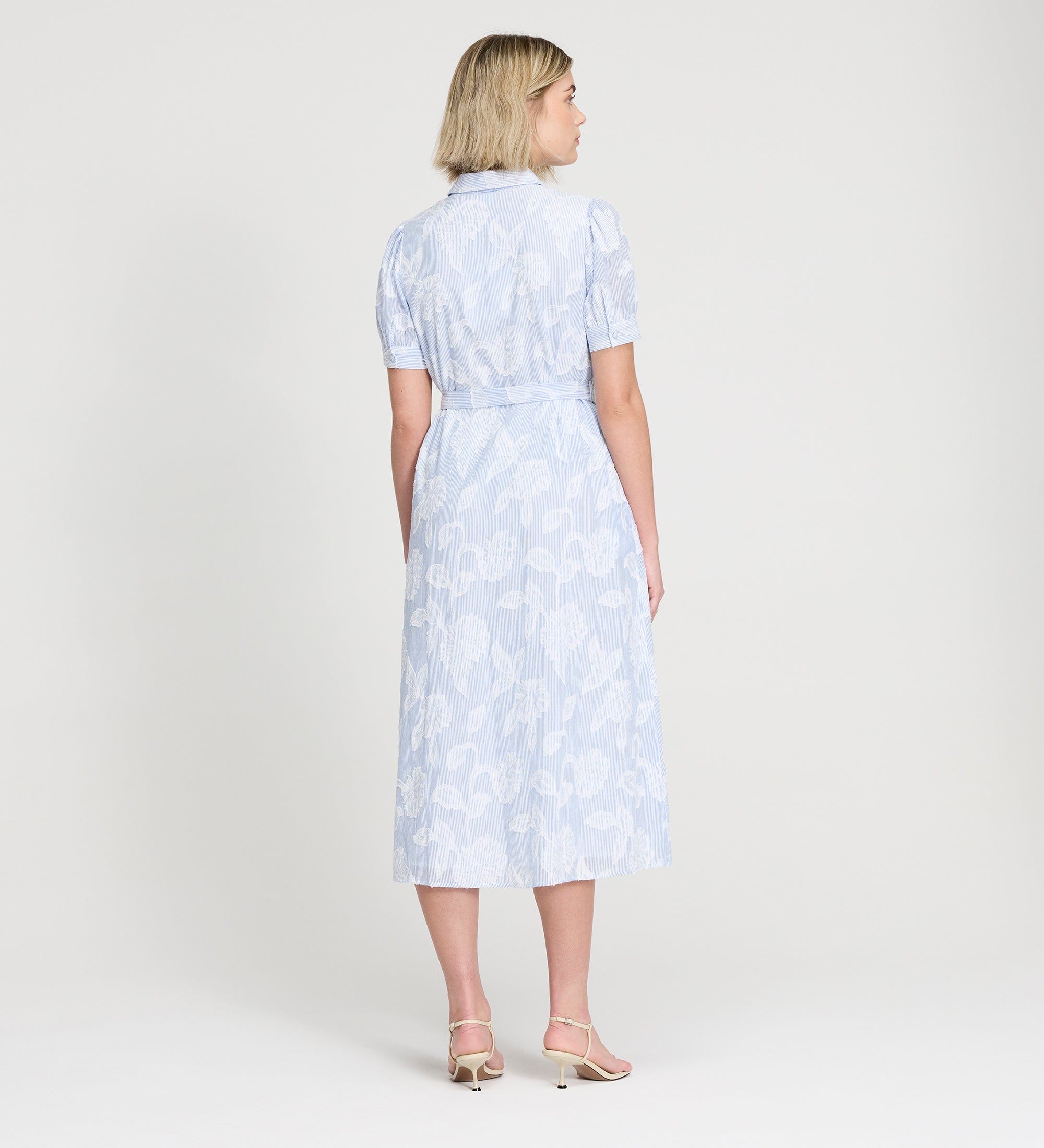 【美品※掲載4月末まで】 Floral Jacquard Shirt Dress Mariah Blue Floral Stripe Cotton Midi Shirt Dress | Finery London