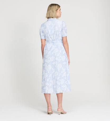 Mariah Blue Floral Jacquard Stripe Cotton Midi Shirt Dress
