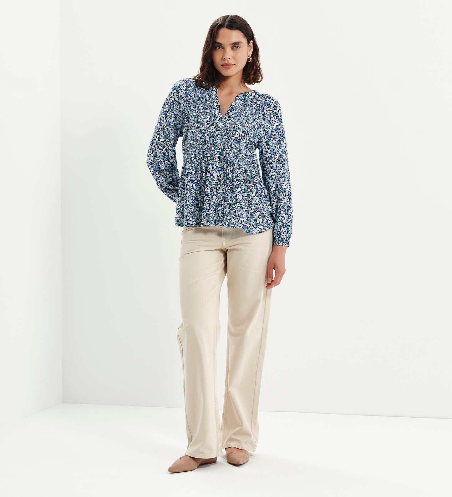 Martha Blue Flower Shirred Body Long Sleeve Blouse